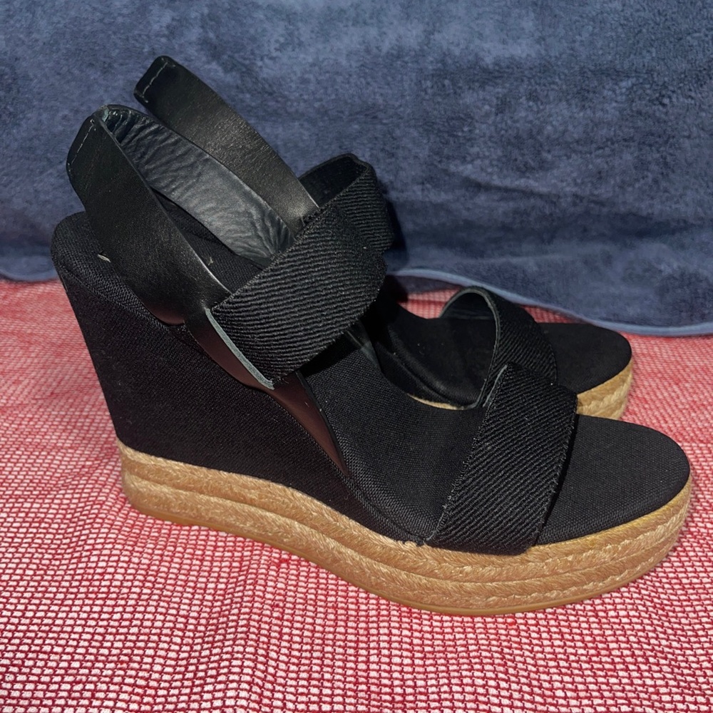 TORY BURCH, Two Band Canvas Wedge Sandals Black 167114 Size 8.5